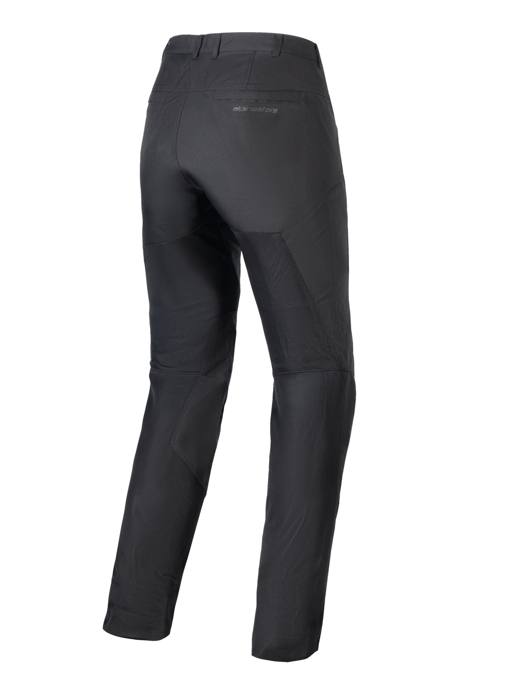 Alpinestars Stella C-1 Air Pants, pantalon de moto noir pour femme, vue arrière, montrant de larges panneaux en mesh technique sur les jambes pour la circulation de l'air, design urbain épuré avec logo discret sur la poche arrière
