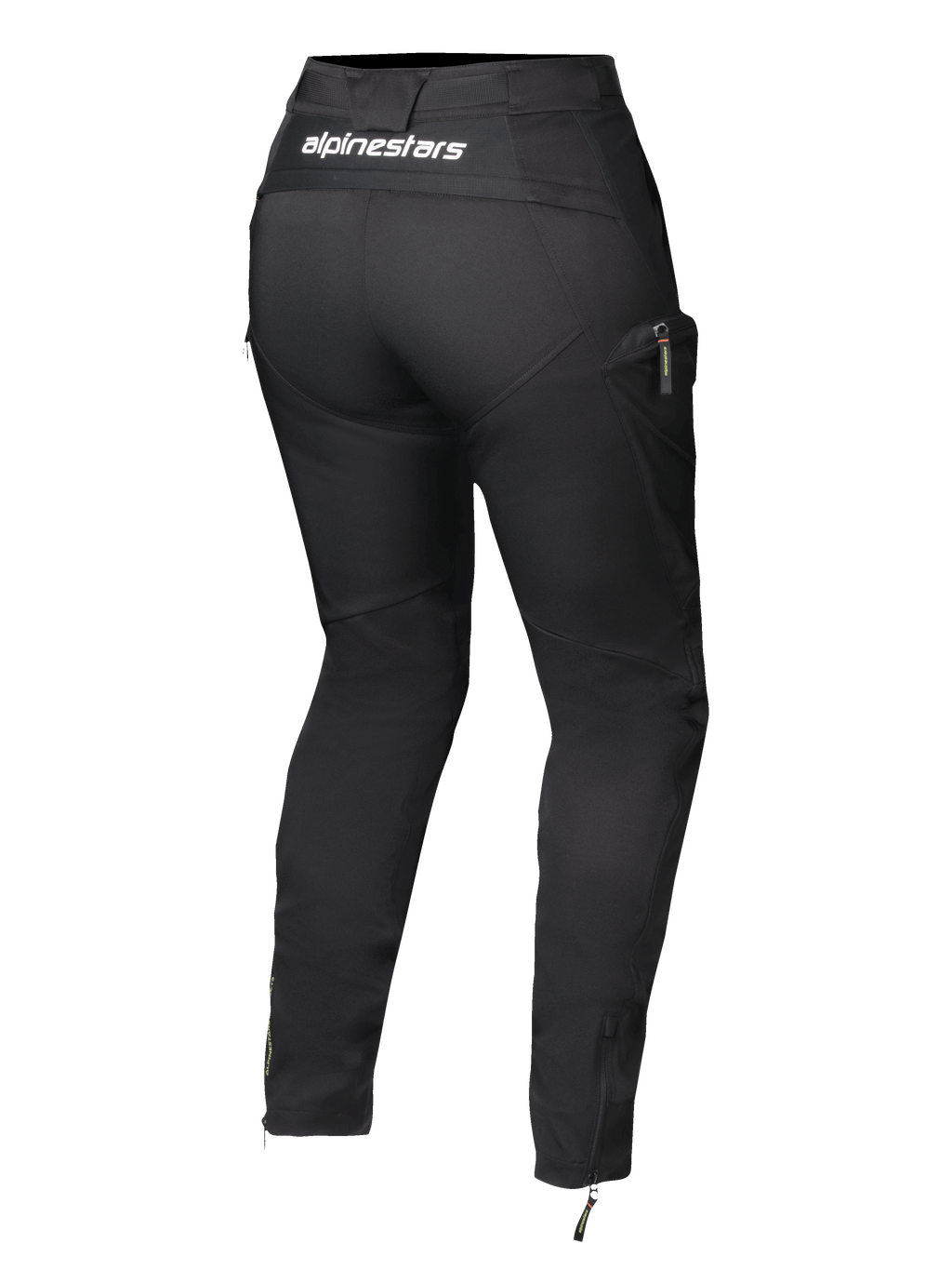 Pantalon pour femme Alpinestars Actea, noir, vue arrière avec logo blanc sur la ceinture, silhouette fuselée avec poche cargo latérale, fermetures éclair aux chevilles, pantalon de moto moderne