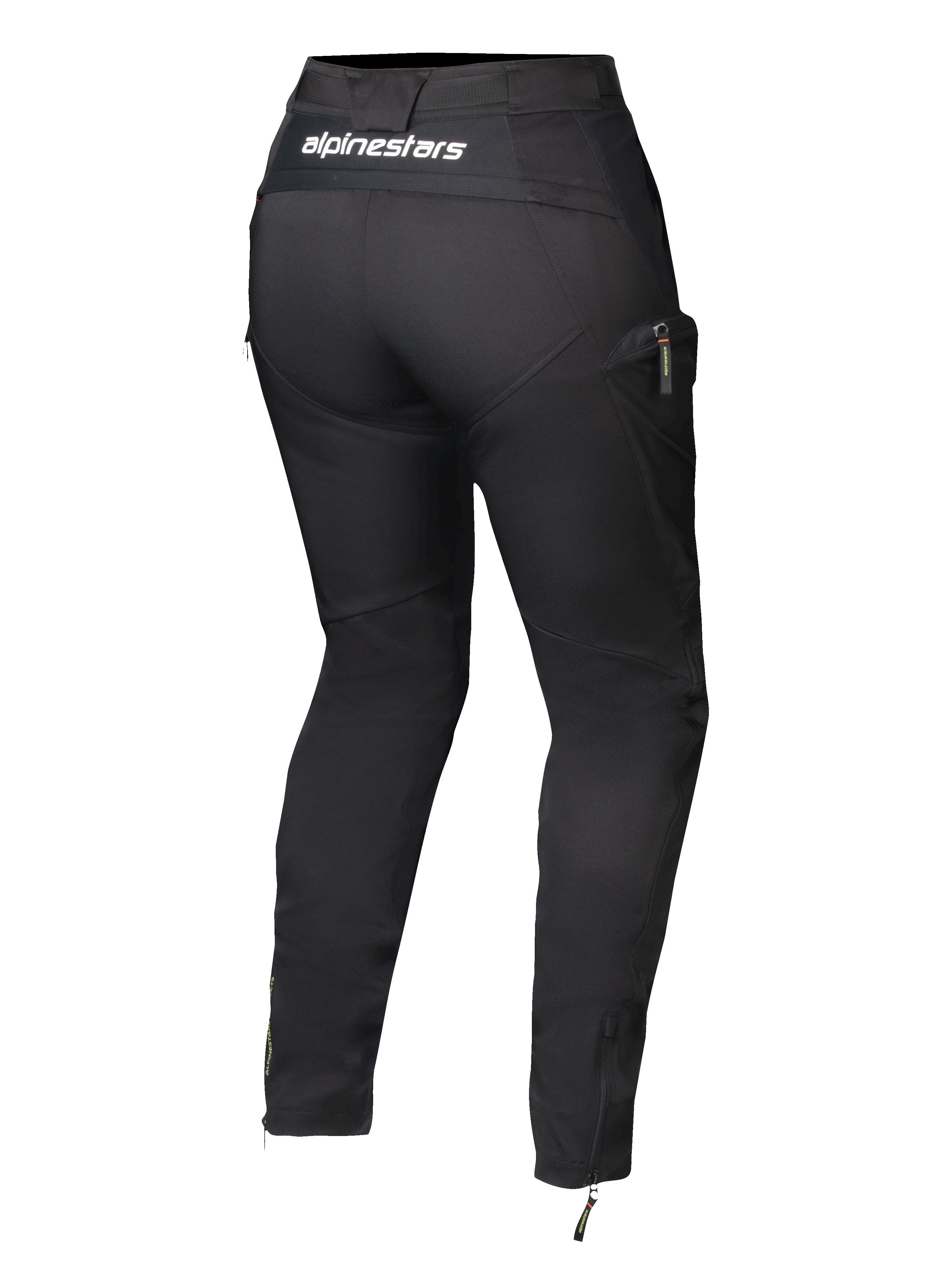 Pantalon pour femme Alpinestars Actea, noir, vue arrière avec logo blanc sur la ceinture, silhouette fuselée avec poche cargo latérale, fermetures éclair aux chevilles, pantalon de moto moderne