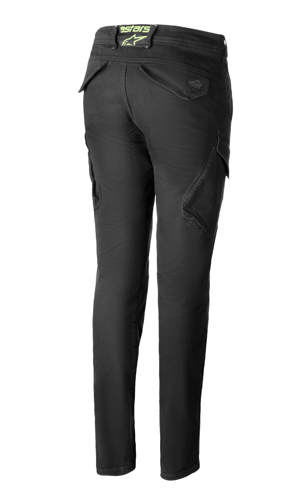 Alpinestars Caliber Women's Tech Riding Denim en anthracite, vue arrière, pantalon de style combat à coupe slim avec poches cargo fonctionnelles et logo Astars vert citron à l'arrière de la taille.