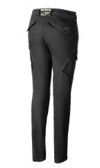 Alpinestars Caliber Women's Tech Riding Denim en anthracite, vue arrière, pantalon de style combat à coupe slim avec poches cargo fonctionnelles et logo Astars vert citron à l'arrière de la taille.