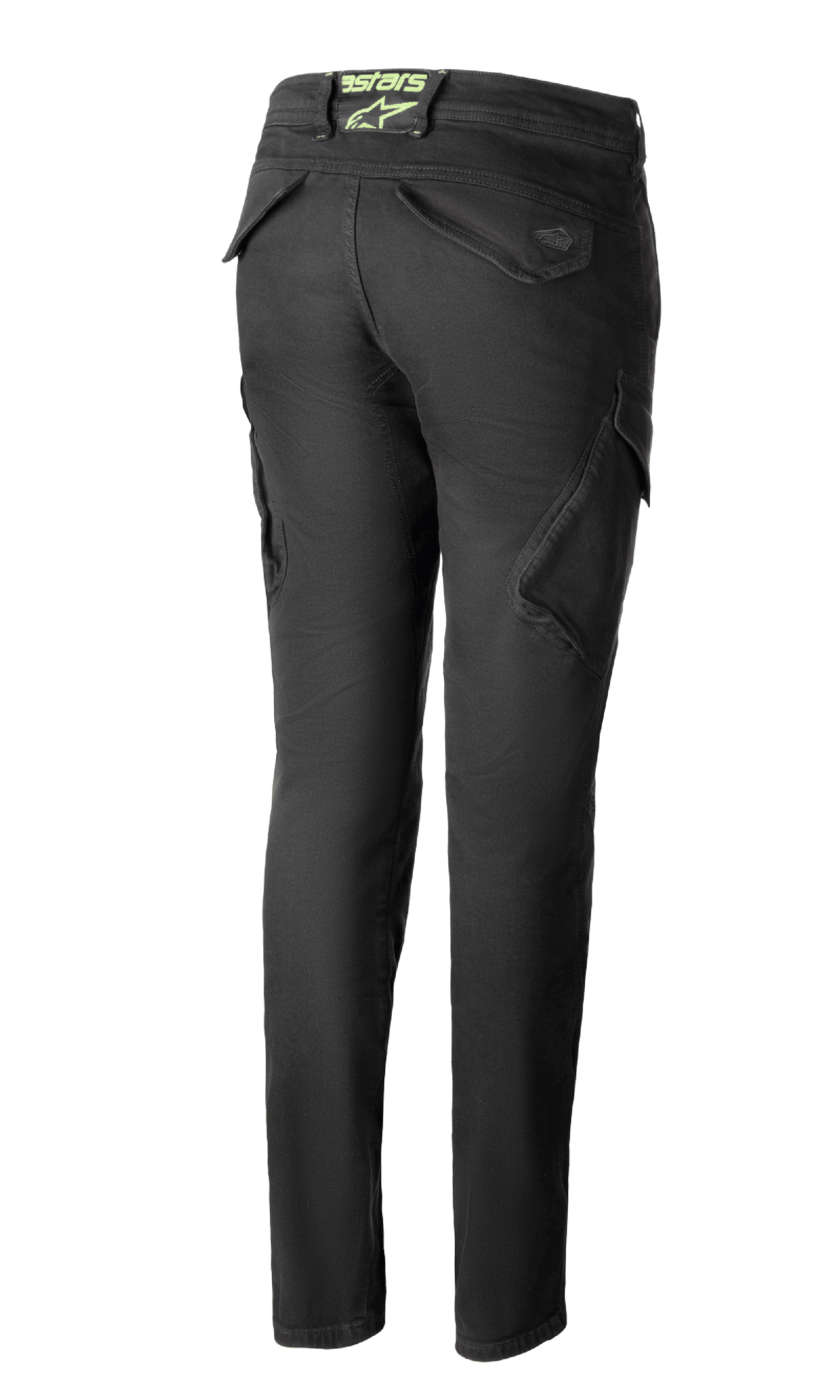Alpinestars Caliber Women's Tech Riding Denim en anthracite, vue arrière, pantalon de style combat à coupe slim avec poches cargo fonctionnelles et logo Astars vert citron à l'arrière de la taille.