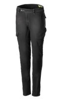 Alpinestars Caliber Women's Tech Riding Denim, pantalon cargo de moto pour femme gris anthracite, coupe slim avec poches à rabat inclinées, passants de ceinture et fermeture éclair et bouton, denim Cordura extensible durable, équipement de protection urbain.