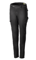 Alpinestars Caliber Women's Tech Riding Denim, pantalon cargo de moto pour femme gris anthracite, coupe slim avec poches à rabat inclinées, passants de ceinture et fermeture éclair et bouton, denim Cordura extensible durable, équipement de protection urbain.