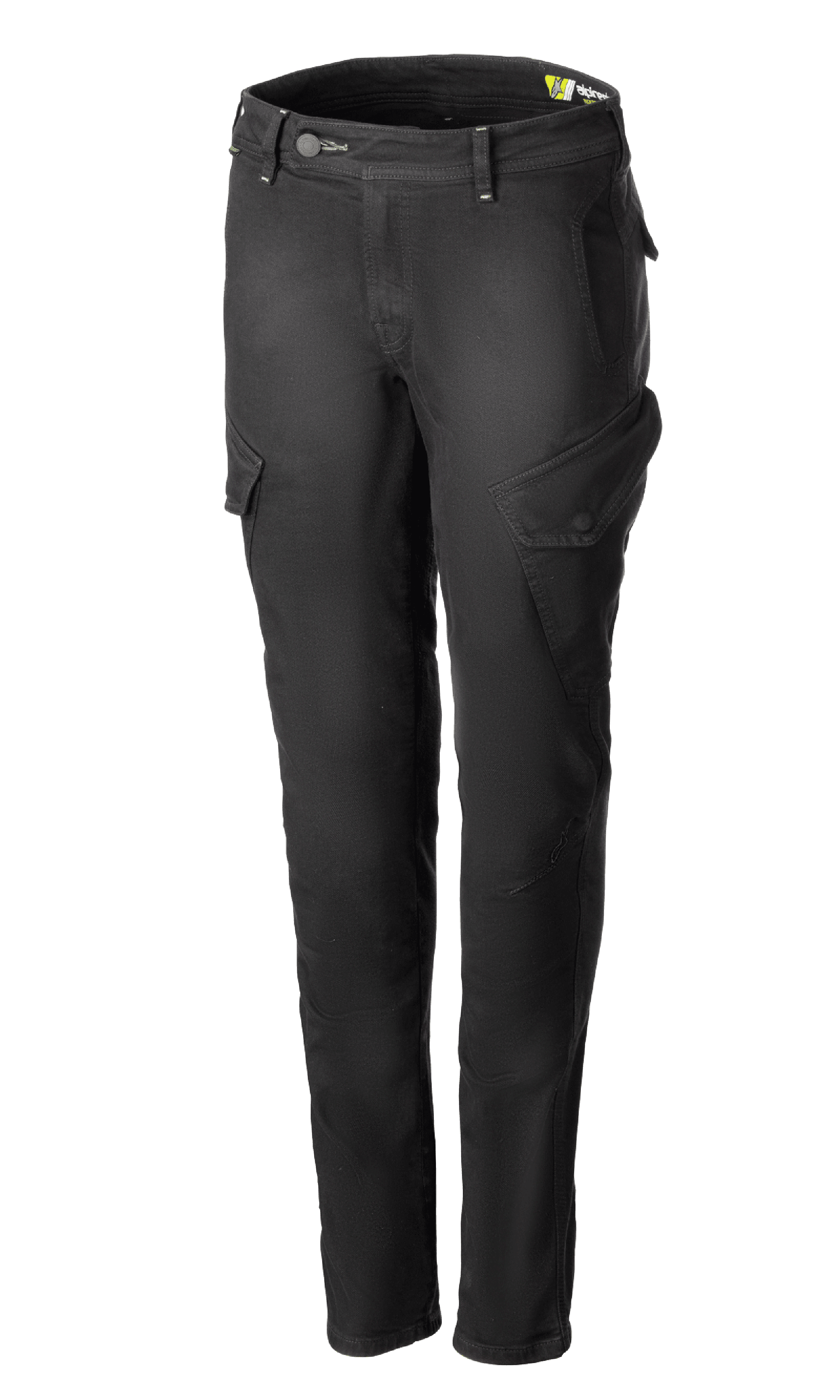 Alpinestars Caliber Women's Tech Riding Denim, pantalon cargo de moto pour femme gris anthracite, coupe slim avec poches à rabat inclinées, passants de ceinture et fermeture éclair et bouton, denim Cordura extensible durable, équipement de protection urbain.