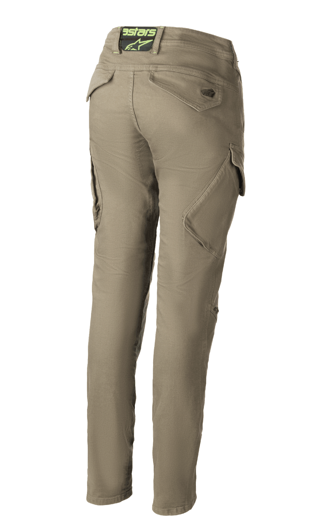 Alpinestars Caliber Women's Tech Riding Denim, pantalon de moto vert militaire, vue arrière montrant une coupe slim au design combat avec des poches cargo inclinées, logo Astars sur la taille arrière, tissu Cordura durable