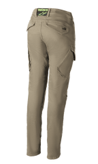 Alpinestars Caliber Women's Tech Riding Denim, pantalon de moto vert militaire, vue arrière montrant une coupe slim au design combat avec des poches cargo inclinées, logo Astars sur la taille arrière, tissu Cordura durable