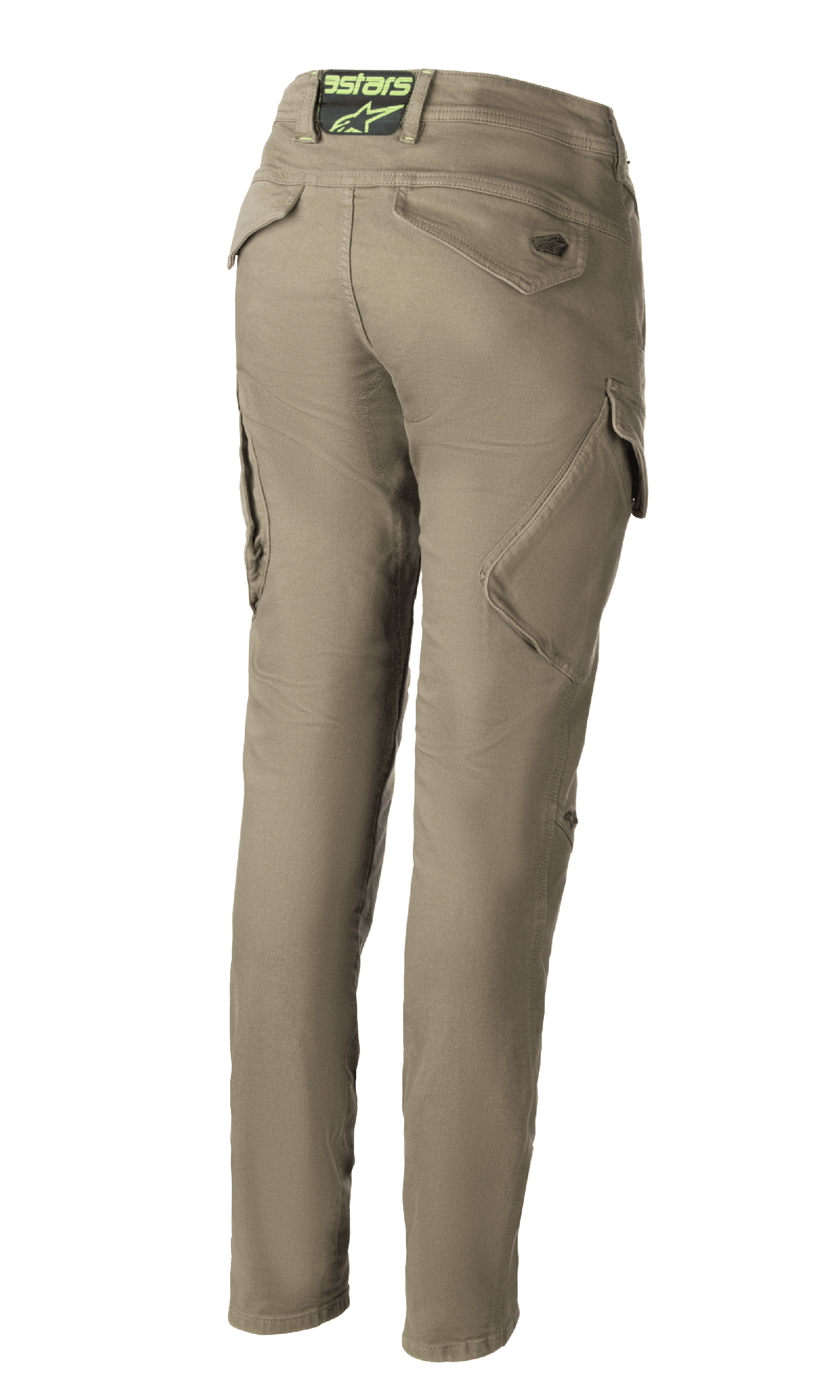 Alpinestars Caliber Women's Tech Riding Denim, pantalon de moto vert militaire, vue arrière montrant une coupe slim au design combat avec des poches cargo inclinées, logo Astars sur la taille arrière, tissu Cordura durable