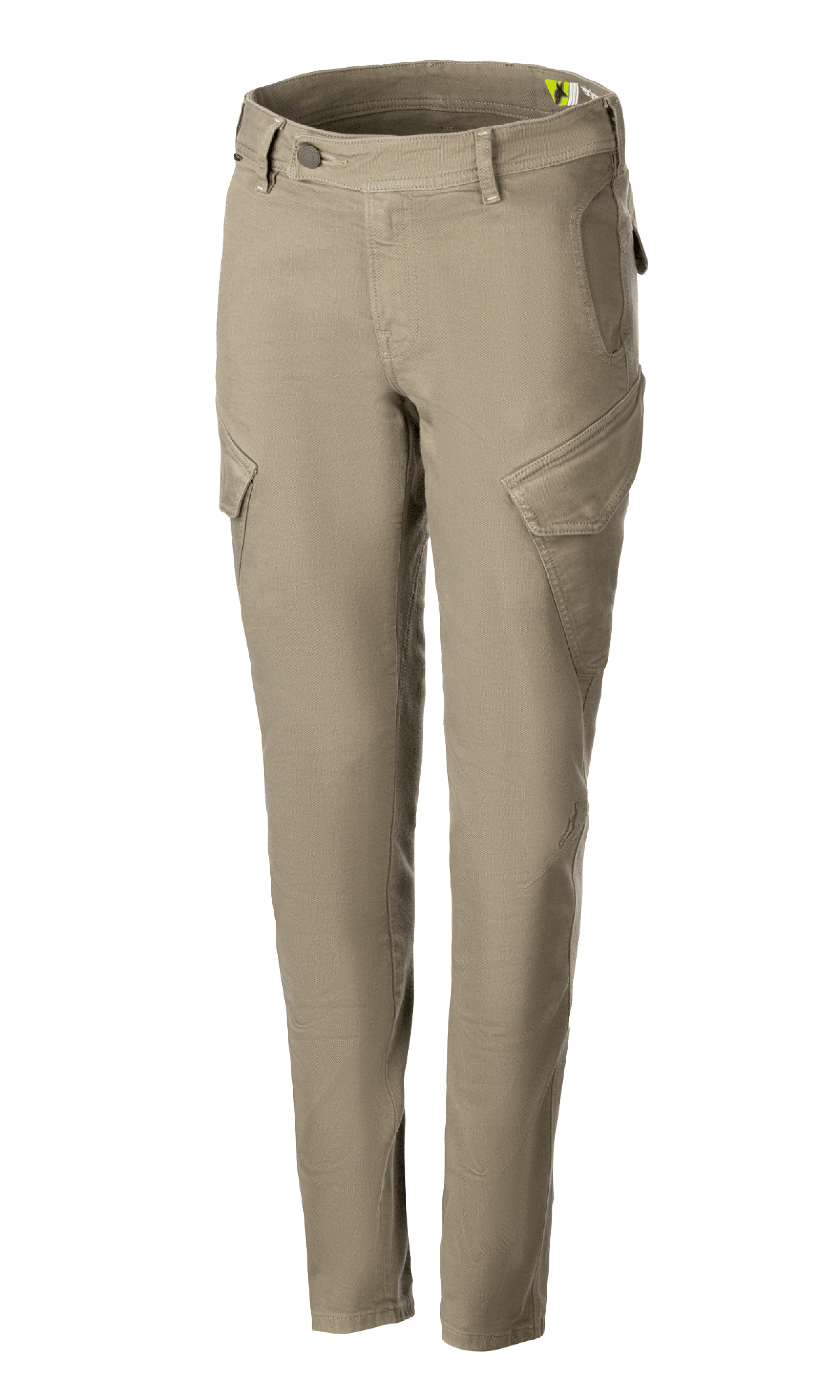 Alpinestars Caliber Women's Tech Riding Denim, pantalon de moto pour femme, vert militaire, style combat avec poches cargo inclinées, coupe slim fuselée, passants de ceinture, fermeture à bouton et éclair, tissu Cordura extensible durable pour la conduite urbaine