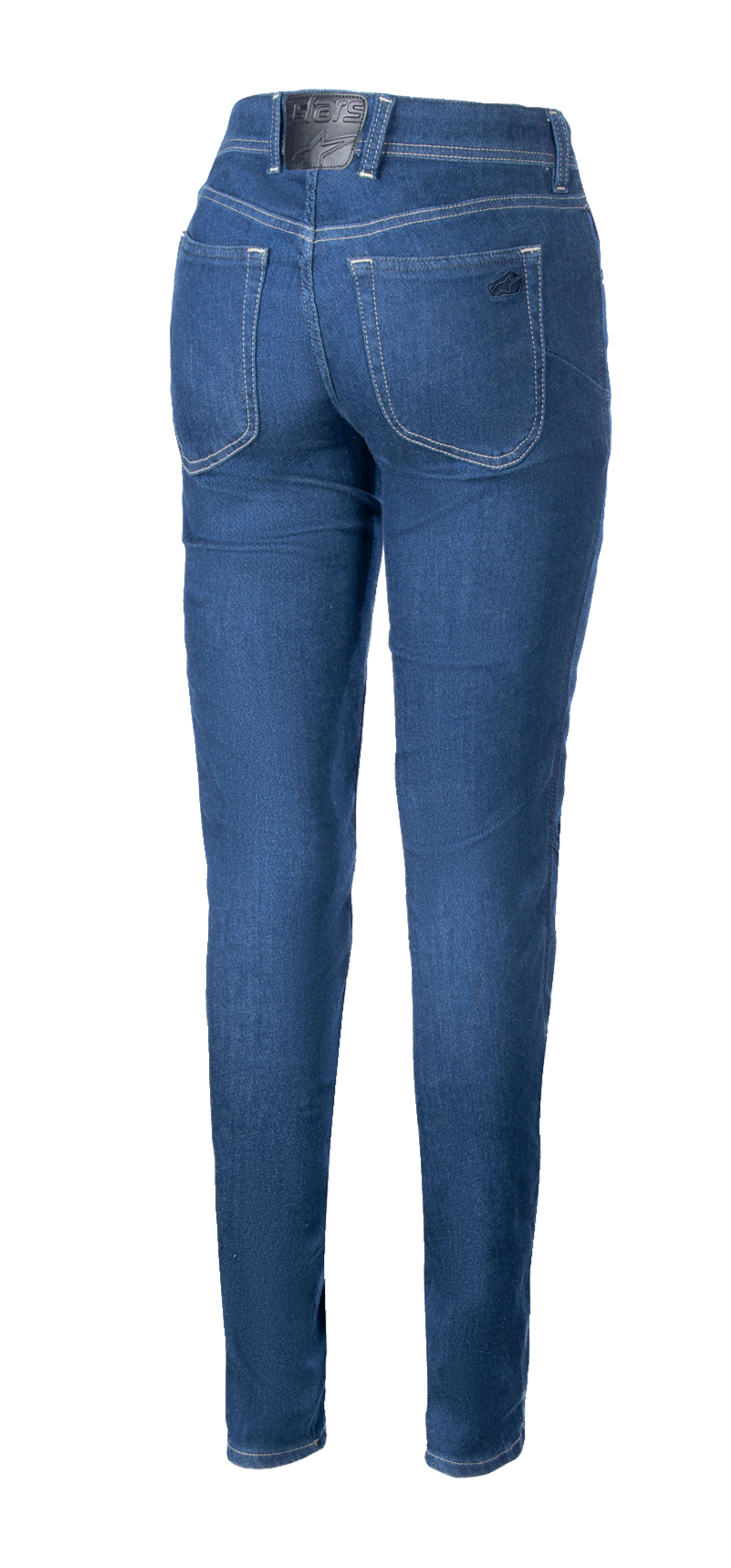 Jean de moto Alpinestars Daisy V3 pour femme, Bleu Rinse, vue de dos montrant la coupe ajustée, deux poches arrière et patch logo noir à la taille, vêtement de moto urbain décontracté