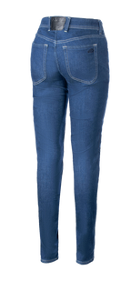 Jean de moto Alpinestars Daisy V3 pour femme, Bleu Rinse, vue de dos montrant la coupe ajustée, deux poches arrière et patch logo noir à la taille, vêtement de moto urbain décontracté