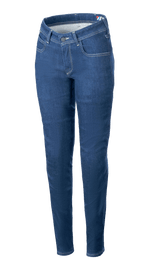 Alpinestars Daisy V3, jean de moto pour femme, bleu denim, coupe ajustée, design classique à cinq poches, coutures contrastées, profil taille haute avec jambes fuselées