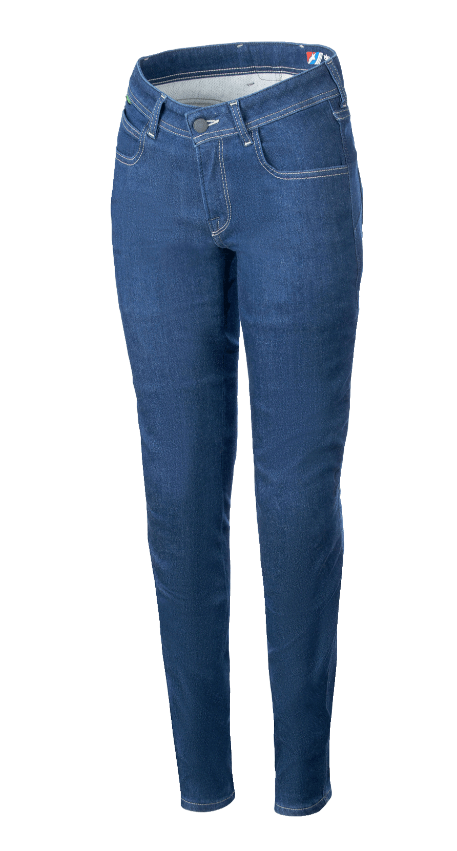 Alpinestars Daisy V3, jean de moto pour femme, bleu denim, coupe ajustée, design classique à cinq poches, coutures contrastées, profil taille haute avec jambes fuselées