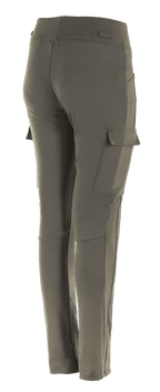 Leggings Iria Alpinestars pour femme, Vert Militaire, vue de trois-quarts arrière, dotés d'une poche cargo sur la cuisse avec fermeture à rabat, coupe ajustée avec profilage anatomique, construction textile pour la conduite moto urbaine