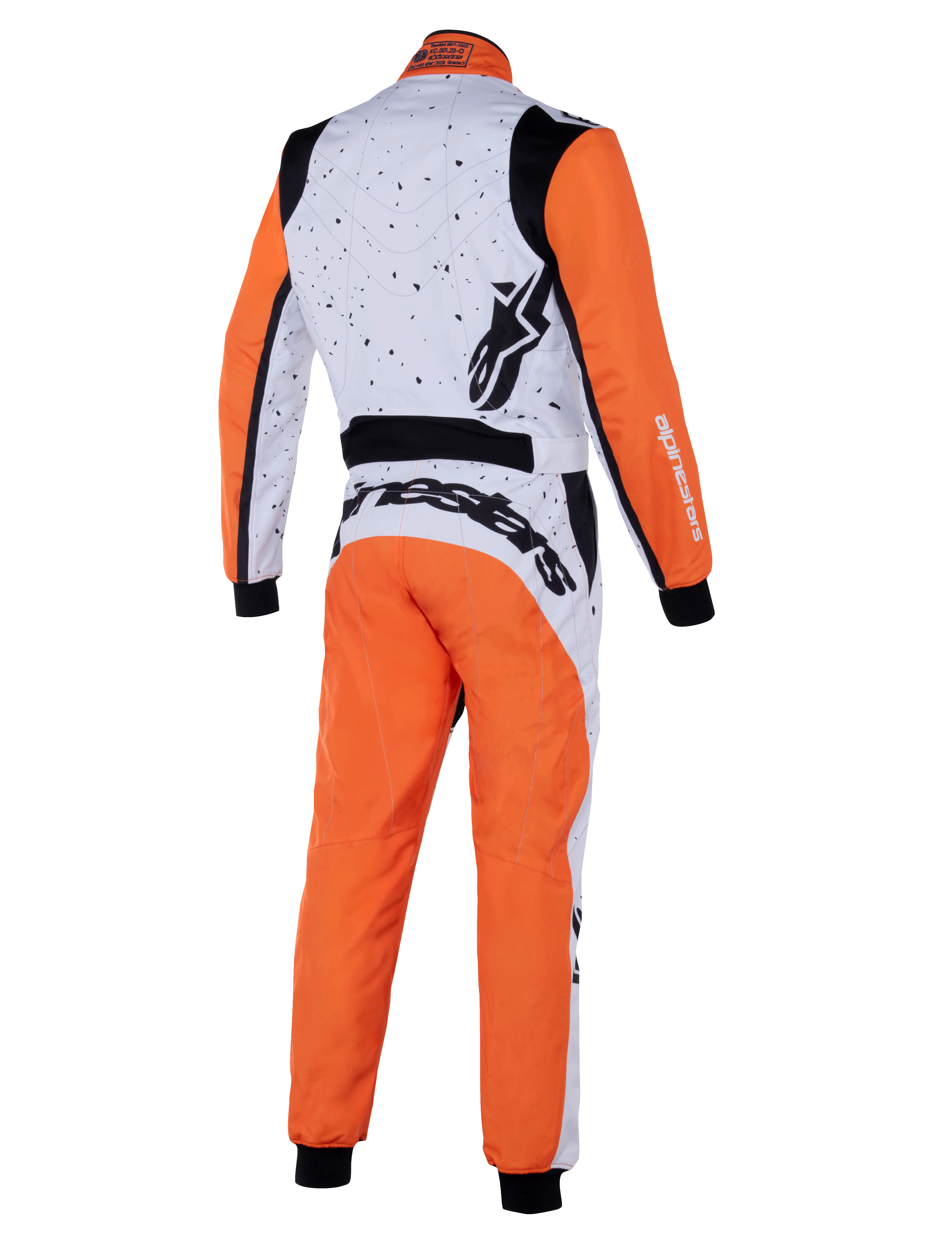 Alpinestars KMX-9 V3 Graphic 6 Suit, karting suit, White Orange Black, back view showing speckled graphic on white upper section, orange sleeves and legs, black stretch panels, and prominent Alpinestars branding.