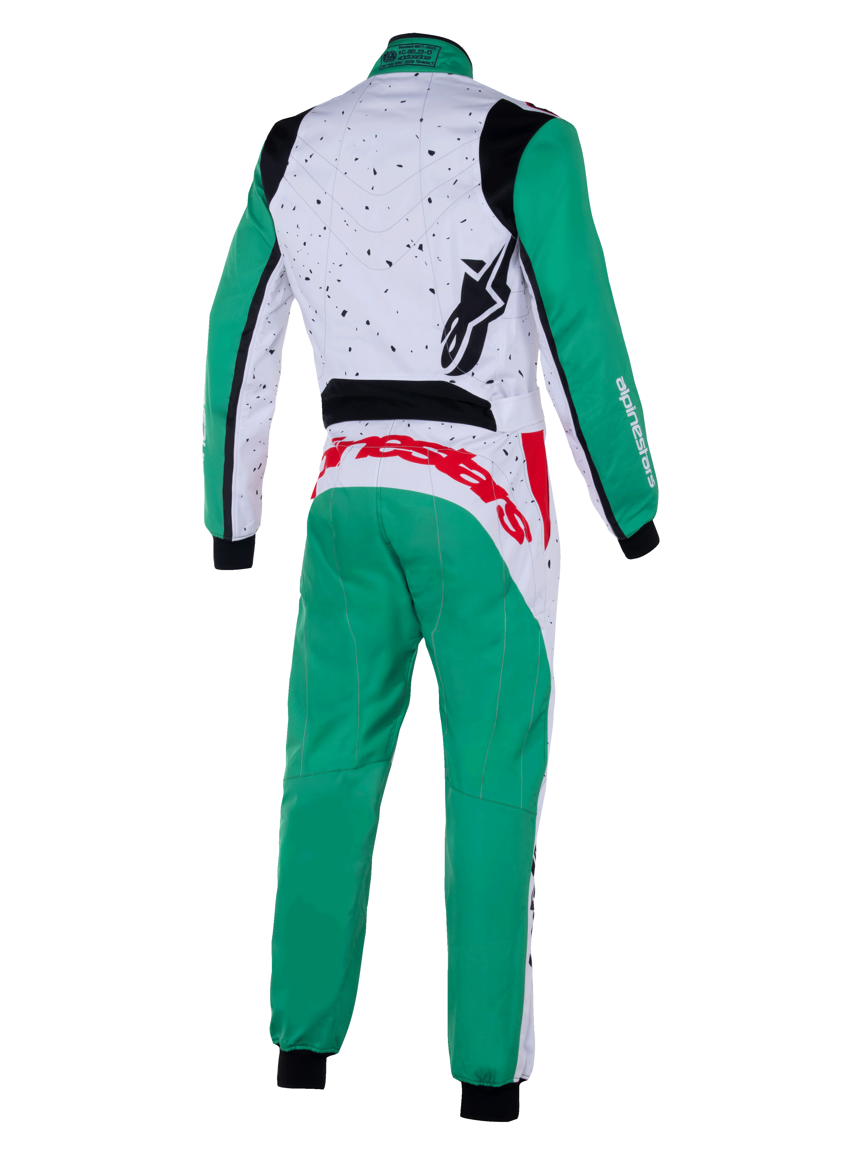 Alpinestars KMX-9 V3 Graphic 6 Suit, Karting Suit, White Green and Red, Rear View, featuring a speckled graphic pattern on the upper back, green legs and sleeves, bold red branding on the lower back, and black stretch panels