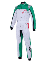 Alpinestars KMX-9 V3 Graphic 6 Suit, Karting Suit, White Green and Red, white body with black speckled graphic, green side panels on legs and shoulders, red Alpinestars logo on chest, black wrist and ankle cuffs