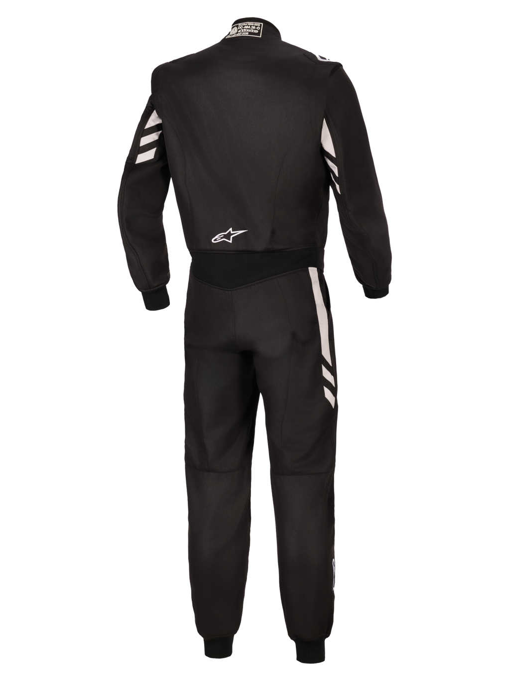 Alpinestars GP Race V3 Suit FIA, vue arrière d'une combinaison de course automobile une-pièce noire avec des accents argentés sur les manches et les jambes, arborant un logo Alpinestars blanc dans le bas du dos, équipement de sport automobile professionnel certifié FIA.