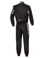 Alpinestars GP Race V3 Suit FIA, vue arrière d'une combinaison de course automobile une-pièce noire avec des accents argentés sur les manches et les jambes, arborant un logo Alpinestars blanc dans le bas du dos, équipement de sport automobile professionnel certifié FIA.