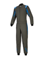 Alpinestars GP Race V3 Suit FIA, Anthracite Blue auto racing suit, one-piece textile design with blue accents on shoulders and legs, white Alpinestars logos, black ribbed cuffs, adjustable belted waist, professional motorsport protective gear