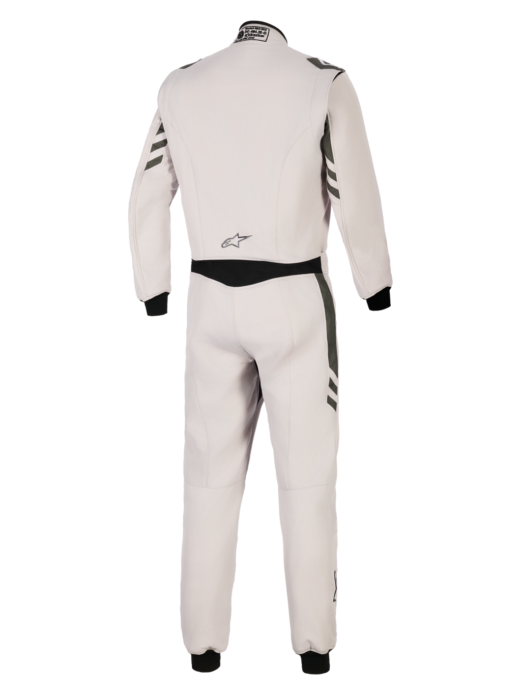 Alpinestars GP Race V3 Suit FIA, vue arrière d'une combinaison de course automobile une pièce gris argent et anthracite, corps gris clair avec accents anthracite foncé sur les manches et les jambes, poignets côtelés noirs, équipement de protection professionnel pour le sport automobile