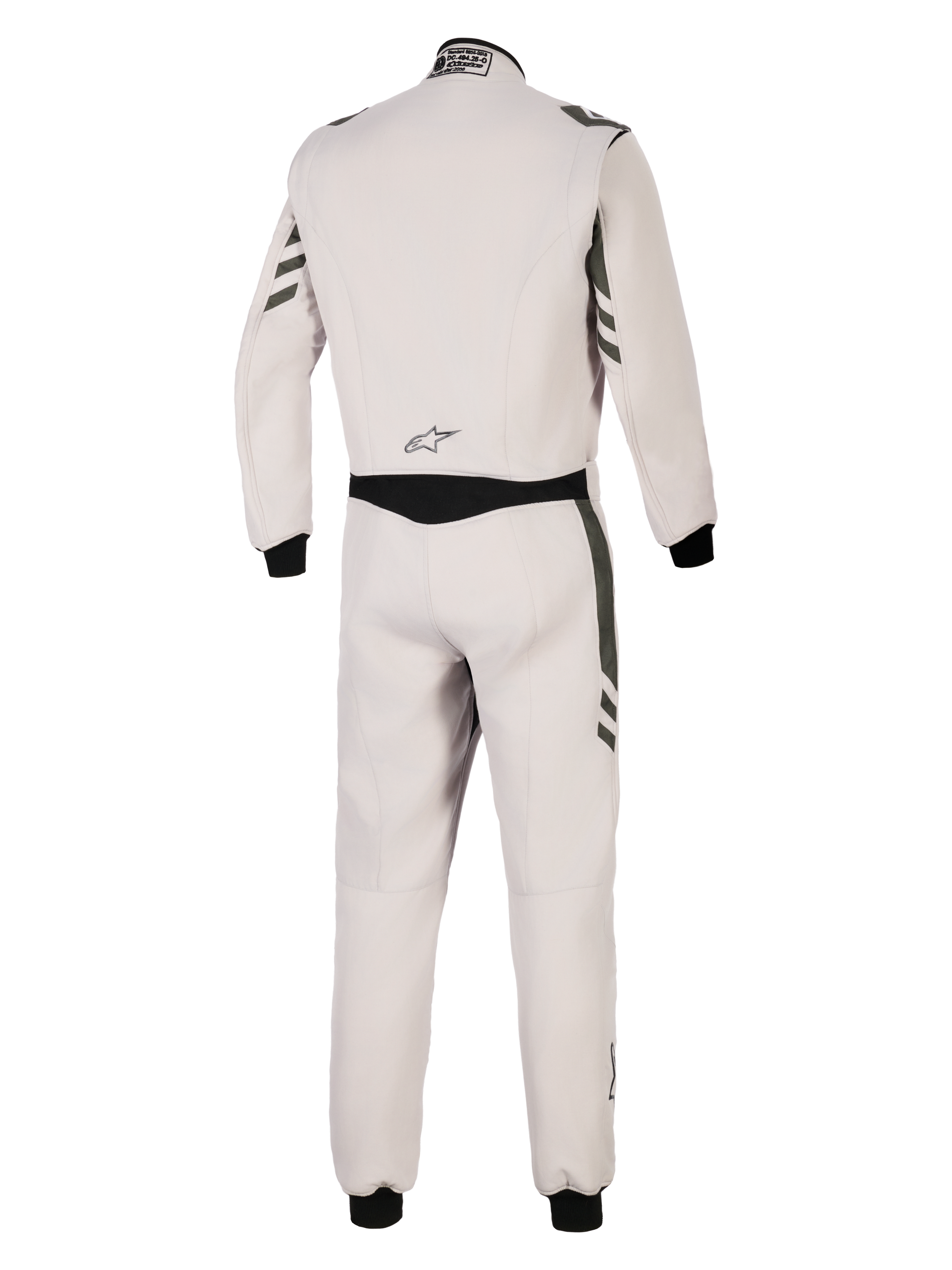 Alpinestars GP Race V3 Suit FIA, vue arrière d'une combinaison de course automobile une pièce gris argent et anthracite, corps gris clair avec accents anthracite foncé sur les manches et les jambes, poignets côtelés noirs, équipement de protection professionnel pour le sport automobile