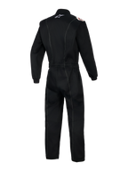 Alpinestars Kart Indoor V2 Suit, One-piece Karting Suit, Black, rear view showing white contrast stitching, elastic waist belt, and white Alpinestars logo on the collar, ergonomic design for indoor karting sessions