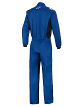 Alpinestars Kart Indoor V2 Suit, bleu, vue arrière d'une combinaison de karting monocouche avec taille élastique, panneaux latéraux noirs, surpiqûres blanches contrastées et logo Alpinestars blanc sur le col.