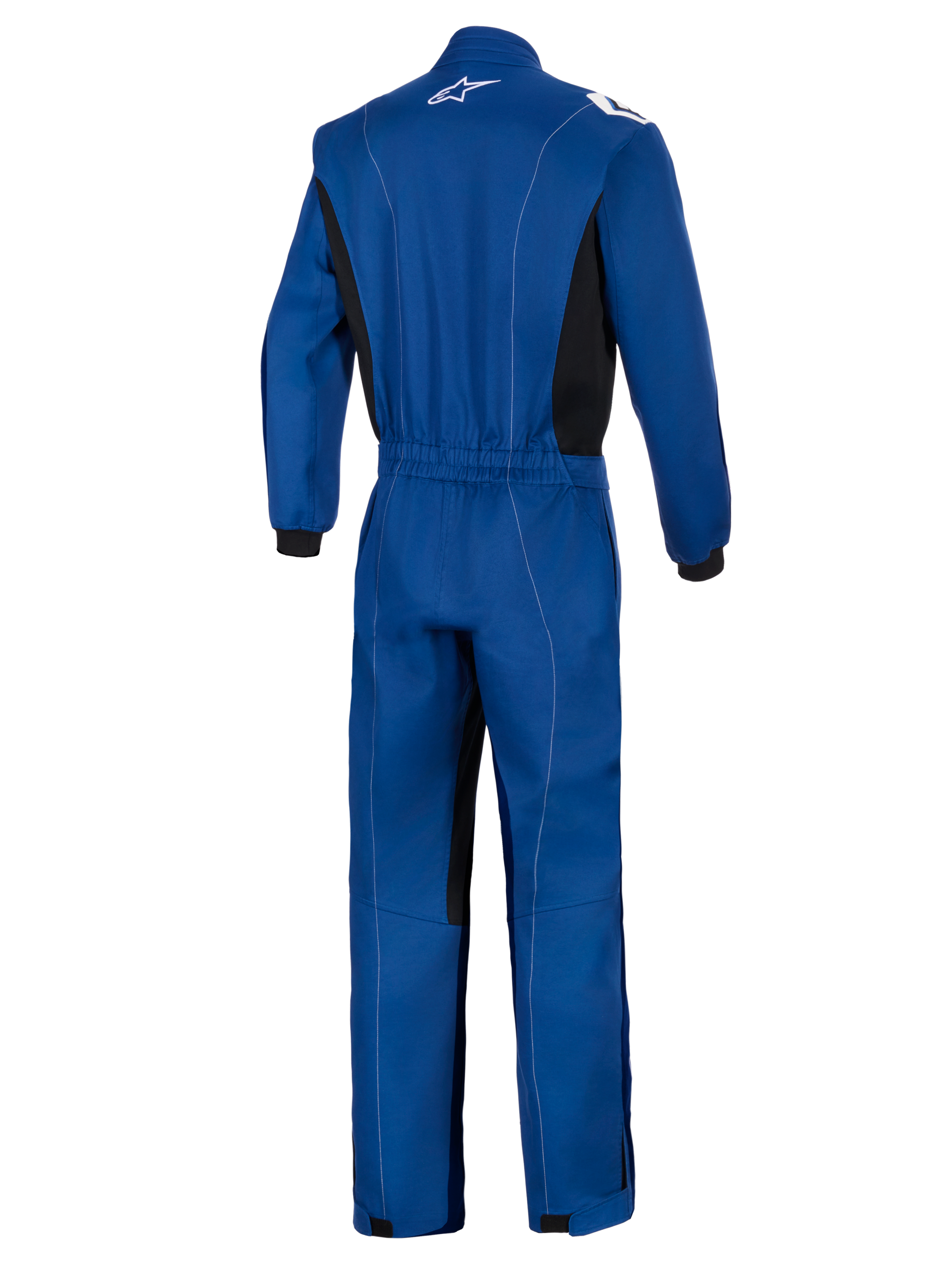 Alpinestars Kart Indoor V2 Suit, bleu, vue arrière d'une combinaison de karting monocouche avec taille élastique, panneaux latéraux noirs, surpiqûres blanches contrastées et logo Alpinestars blanc sur le col.