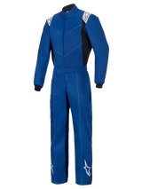 Alpinestars Kart Indoor V2 Suit, bleue, combinaison de karting une pièce, avec logos Alpinestars blancs sur les épaules et le bas des jambes, panneaux latéraux et poignets noirs, construction monocouche en sergé poly-coton durable pour le karting récréatif.