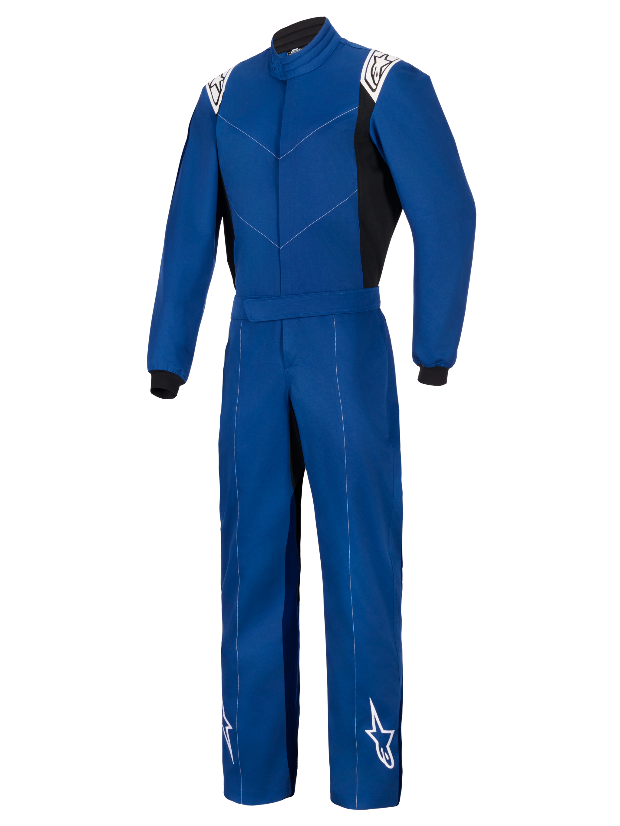 Alpinestars Kart Indoor V2 Suit, bleue, combinaison de karting une pièce, avec logos Alpinestars blancs sur les épaules et le bas des jambes, panneaux latéraux et poignets noirs, construction monocouche en sergé poly-coton durable pour le karting récréatif.