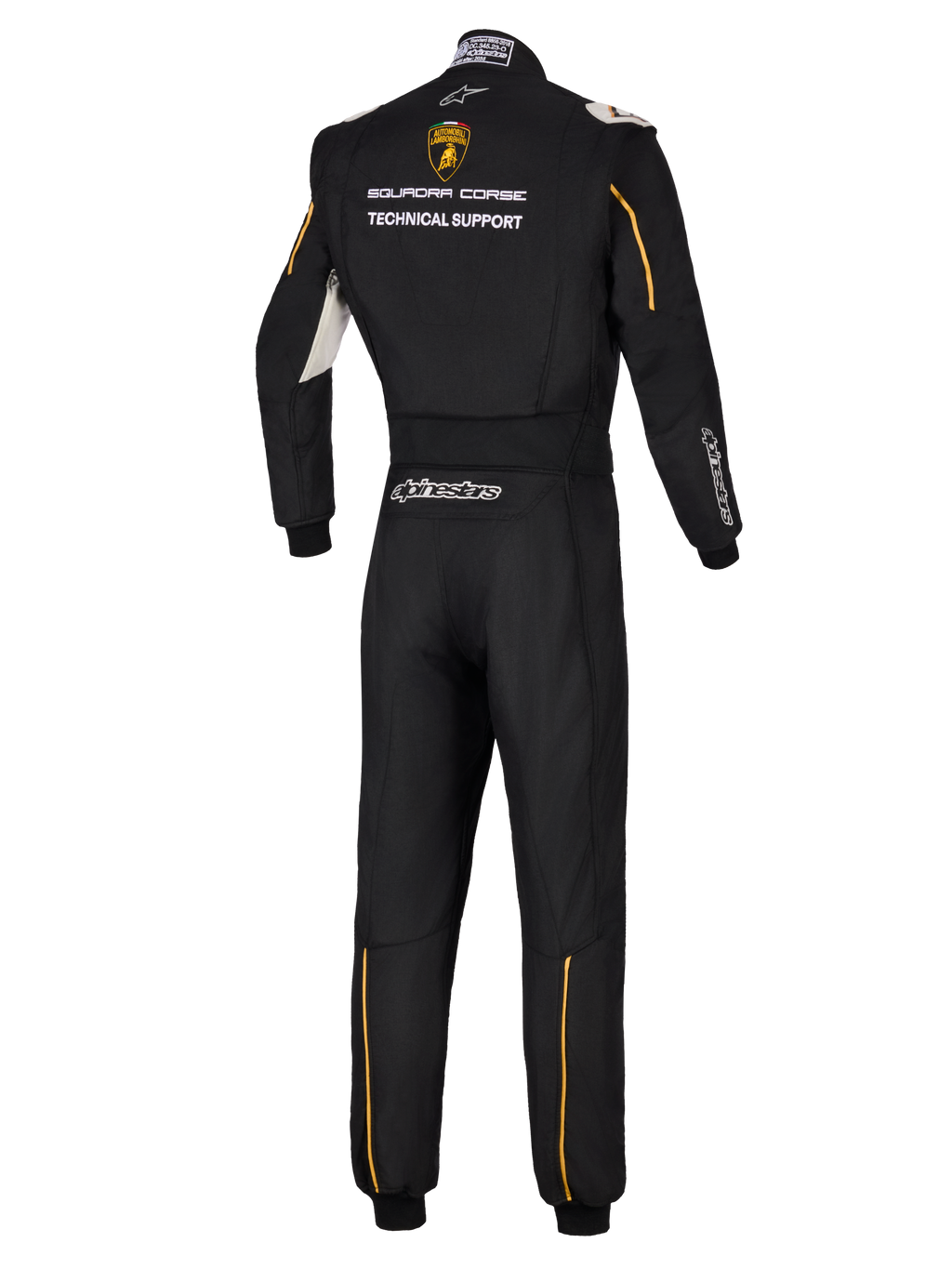 Combinaison Alpinestars Édition Limitée Lamborghini GP Tech V4 FIA, vue arrière d'une combinaison de course automobile professionnelle noire, avec le logo Lamborghini Squadra Corse et le texte Technical Support, accents dorés et logos Alpinestars argentés.
