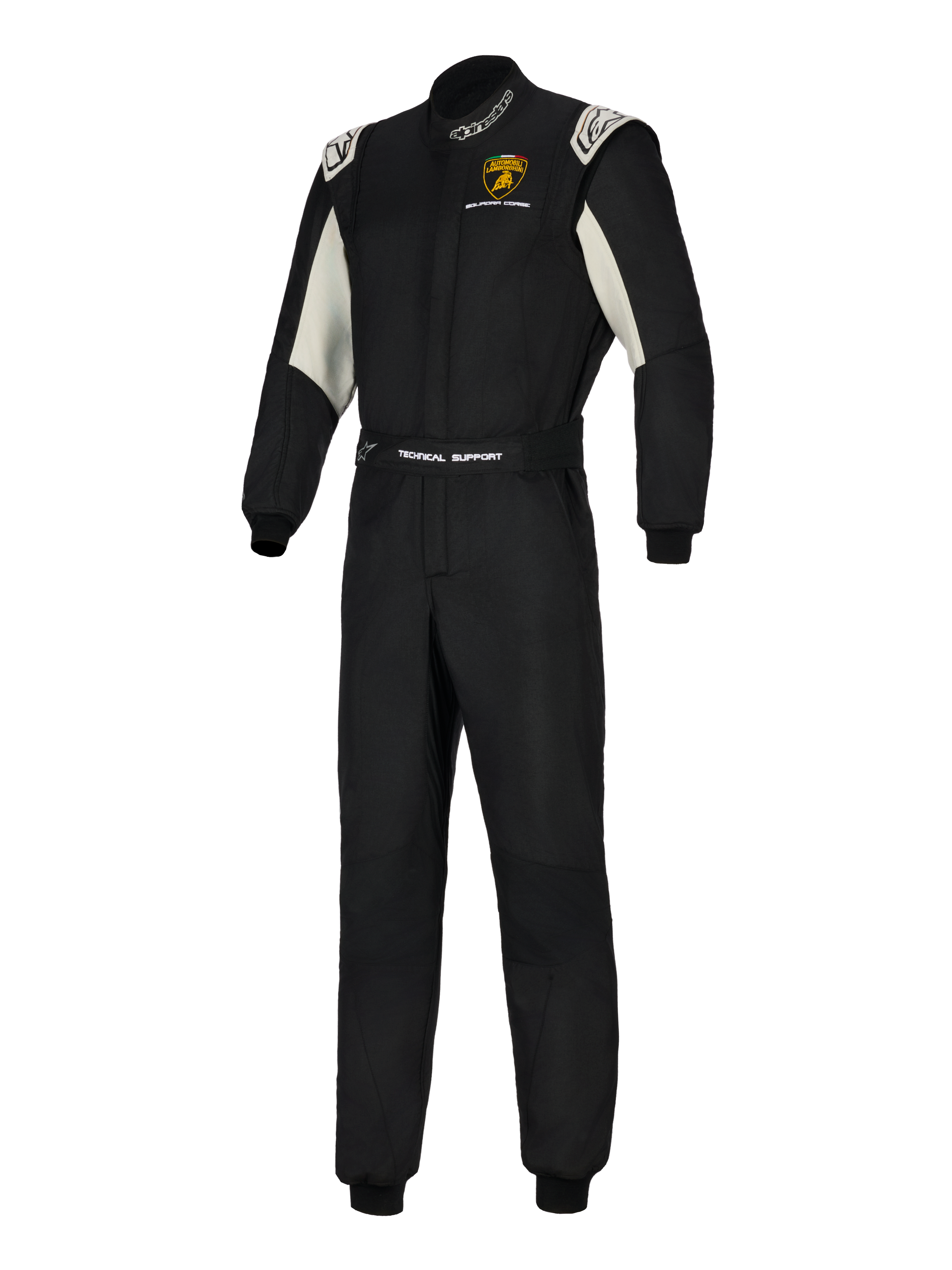 Combinaison Alpinestars Lamborghini GP Tech V4 Édition Limitée, combinaison de course automobile professionnelle, noire avec des accents argentés et blancs, arborant le logo Lamborghini Squadra Corse sur la poitrine, marquage « Technical Support » sur la ceinture et logos Alpinestars sur le col et les épaules.
