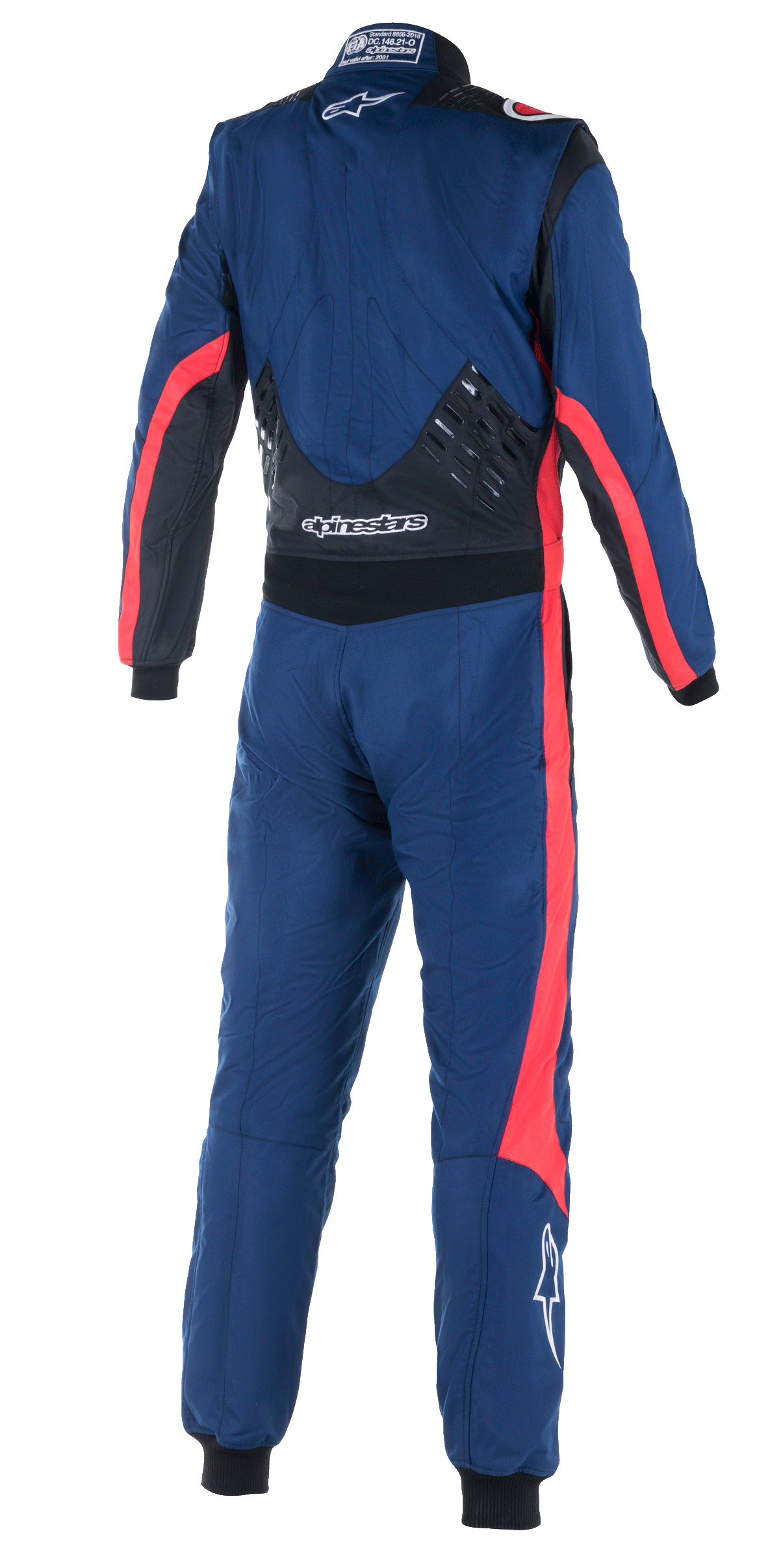Combinaison Alpinestars GP Pro Comp V2 FIA, vue arrière d'une combinaison de course automobile une pièce, bleu marine avec des accents noirs et rouges, dotée de panneaux de préhension en silicone dans le bas du dos, bandes de course rouges sur les manches et les jambes, logo Alpinestars blanc, équipement de performance professionnel