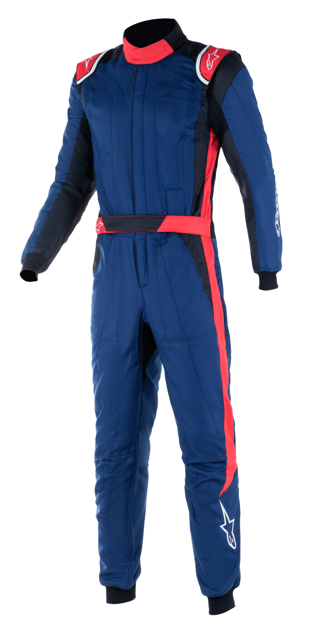 Alpinestars GP Pro Comp V2 FIA Suit, combinaison de course automobile professionnelle, bleu marine avec accents rouges et noirs, épaulettes rouges, col haut et bande rouge sur la jambe, équipement de protection pour le sport automobile
