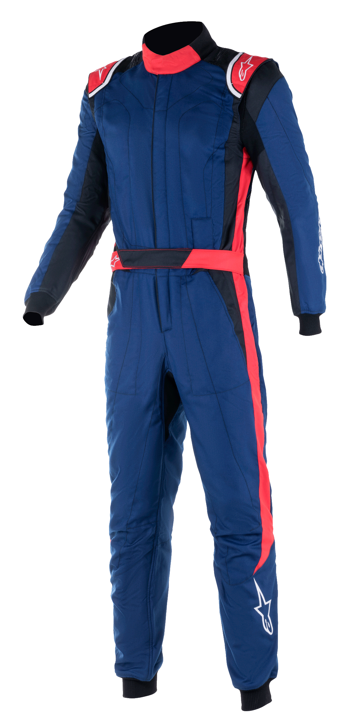 Alpinestars GP Pro Comp V2 FIA Suit, combinaison de course automobile professionnelle, bleu marine avec accents rouges et noirs, épaulettes rouges, col haut et bande rouge sur la jambe, équipement de protection pour le sport automobile