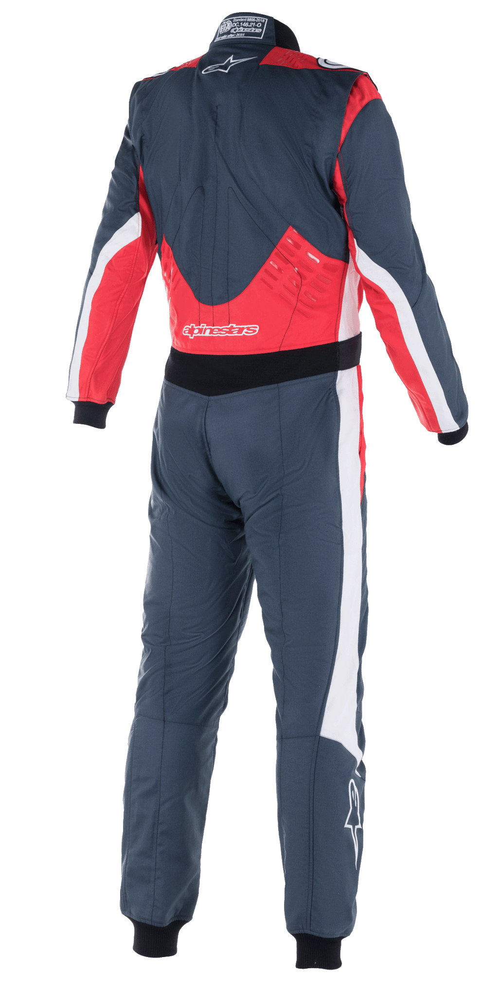 Combinaison Alpinestars GP Pro Comp V2 FIA, combinaison de course automobile, Asphalt, rouge et blanc, vue arrière présentant des panneaux rouges sur le bas du dos et les épaules, des accents blancs sur les côtés et le logo Alpinestars
