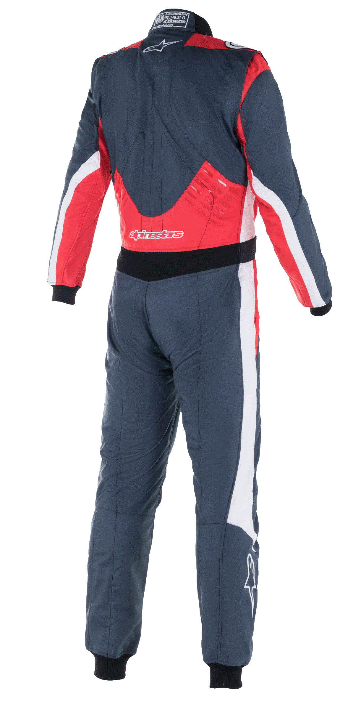 Combinaison Alpinestars GP Pro Comp V2 FIA, combinaison de course automobile, Asphalt, rouge et blanc, vue arrière présentant des panneaux rouges sur le bas du dos et les épaules, des accents blancs sur les côtés et le logo Alpinestars