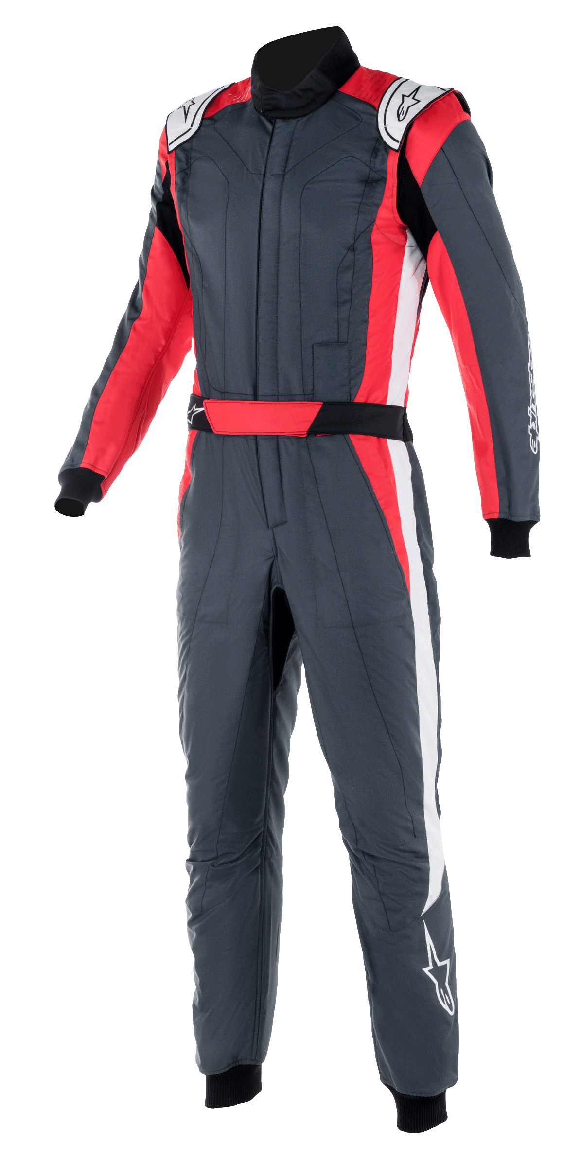Alpinestars GP Pro Comp V2 FIA Suit, combinaison de course automobile, gris asphalte avec accents rouges et blancs, col haut, ceinture intégrée rouge et bandes latérales blanches, équipement de protection professionnel pour le sport automobile