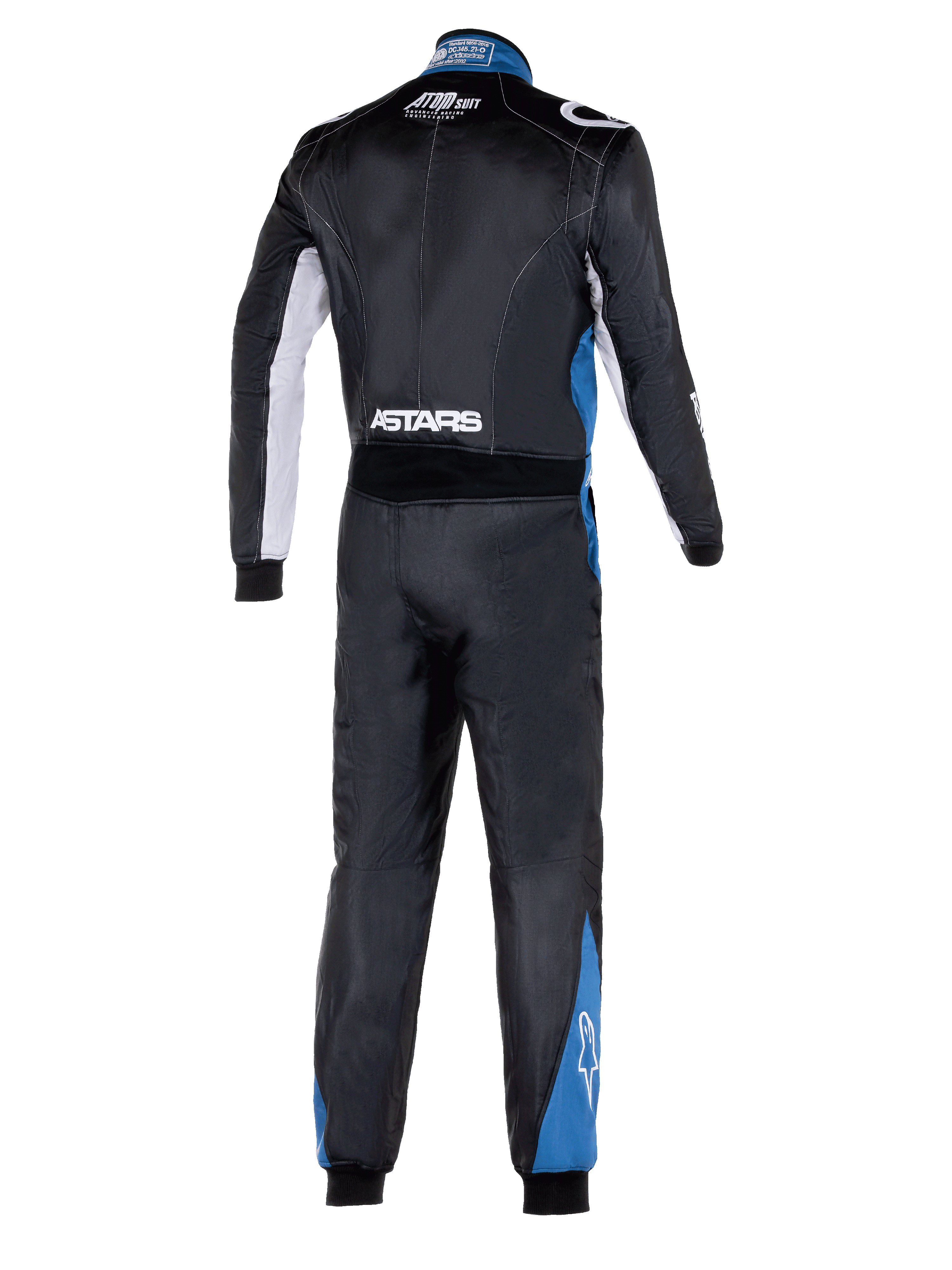 Combinaison Alpinestars Atom Graphic 4, vue arrière complète d'une combinaison de course automobile, noire avec accents argentés et bleus, logo ASTARS blanc à la taille et panneaux bleus sur les jambes, équipement de protection de sport automobile professionnel certifié FIA