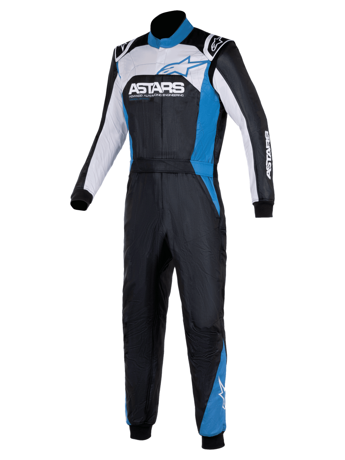 Alpinestars Atom Graphic 4 Suit, combinaison de course automobile une pièce, noire, argent et bleue, avec logo ASTARS imposant sur la poitrine, panneaux blancs et bleus, col haut et poignets côtelés, vêtement de protection professionnel pour le sport automobile