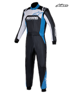 Alpinestars Combinaison Atom Graphic 4 - FIA, combinaison auto pour homme en noir, argent et bleu, vue de face montrant la construction en aramide à deux couches et la certification FIA 8856-2018