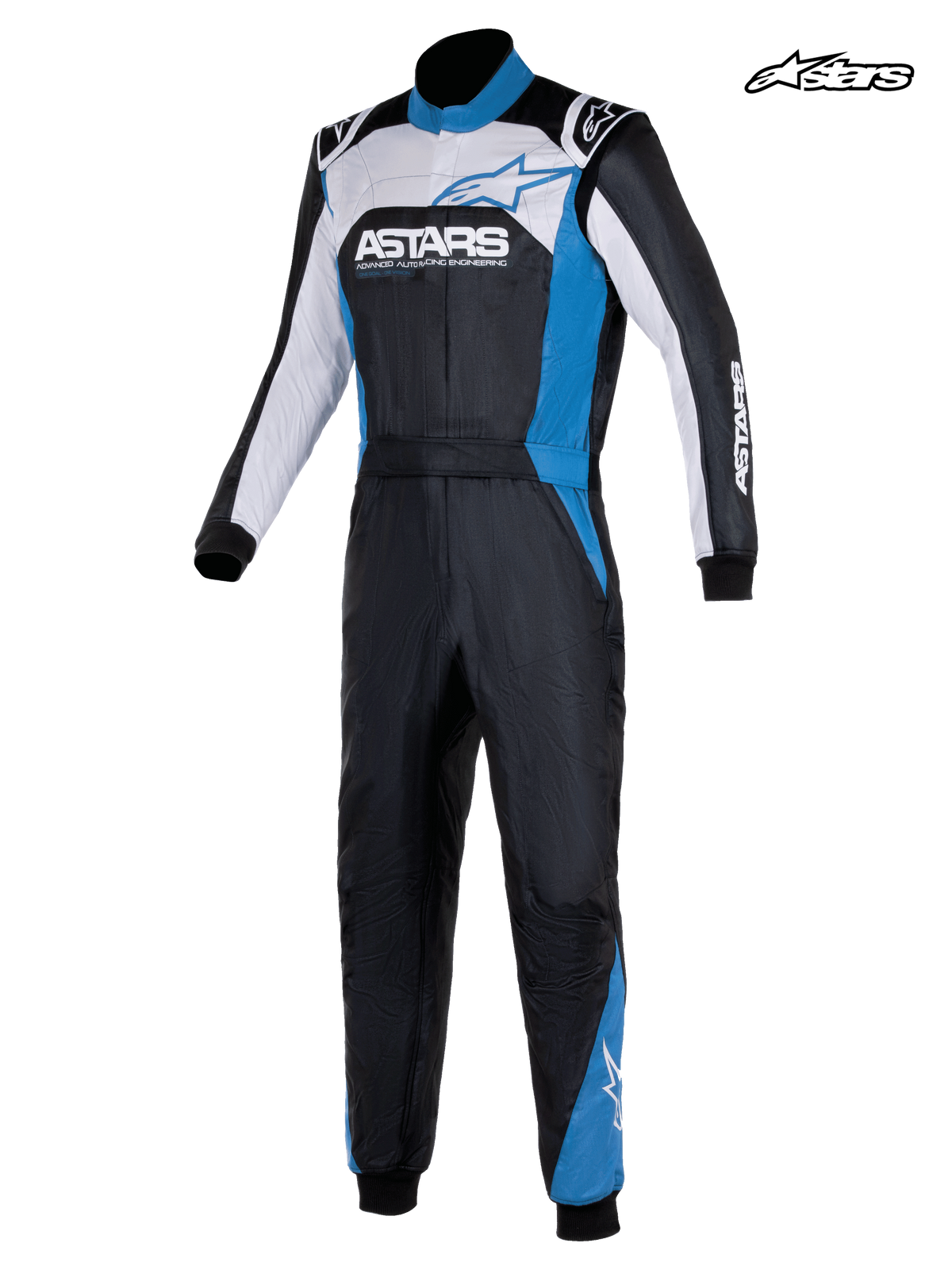 Alpinestars Combinaison Atom Graphic 4 - FIA, combinaison auto pour homme en noir, argent et bleu, vue de face montrant la construction en aramide à deux couches et la certification FIA 8856-2018