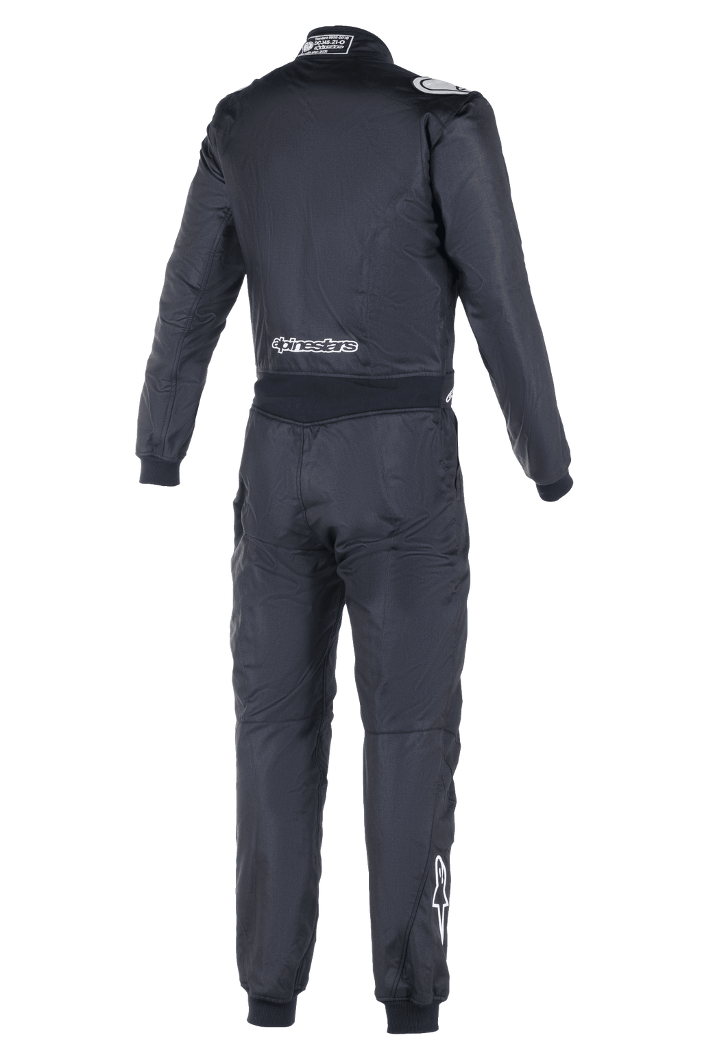 Combinaison Alpinestars Atom FIA, combinaison de course automobile, vue arrière en noir, avec logos Alpinestars blancs sur le bas du dos et le mollet droit, étiquette d'homologation FIA sur le col, construction textile une pièce épurée pour la sécurité en sport automobile professionnel