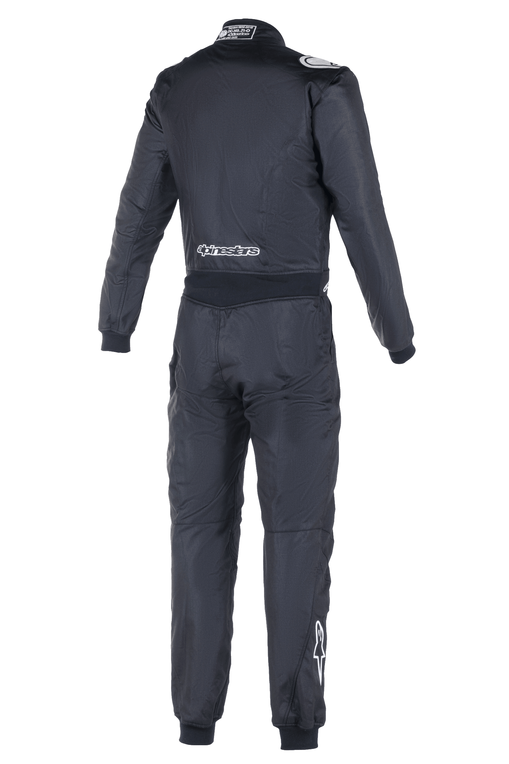 Combinaison Alpinestars Atom FIA, combinaison de course automobile, vue arrière en noir, avec logos Alpinestars blancs sur le bas du dos et le mollet droit, étiquette d'homologation FIA sur le col, construction textile une pièce épurée pour la sécurité en sport automobile professionnel