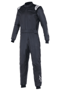 Combinaison Alpinestars Atom FIA, combinaison de course automobile noire, conception monopièce avec logos Alpinestars blancs sur les épaules et la jambe gauche, col haut avec poignets côtelés et ceinture à la taille, équipement professionnel de sport automobile et de course