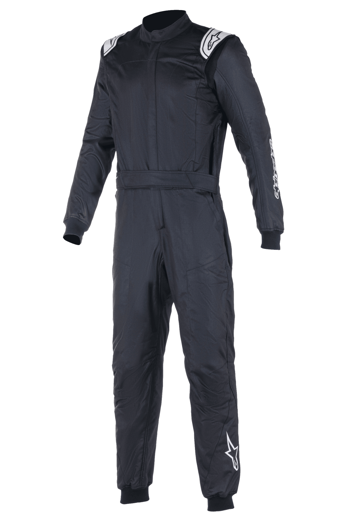 Combinaison Alpinestars Atom FIA, combinaison de course automobile noire, conception monopièce avec logos Alpinestars blancs sur les épaules et la jambe gauche, col haut avec poignets côtelés et ceinture à la taille, équipement professionnel de sport automobile et de course
