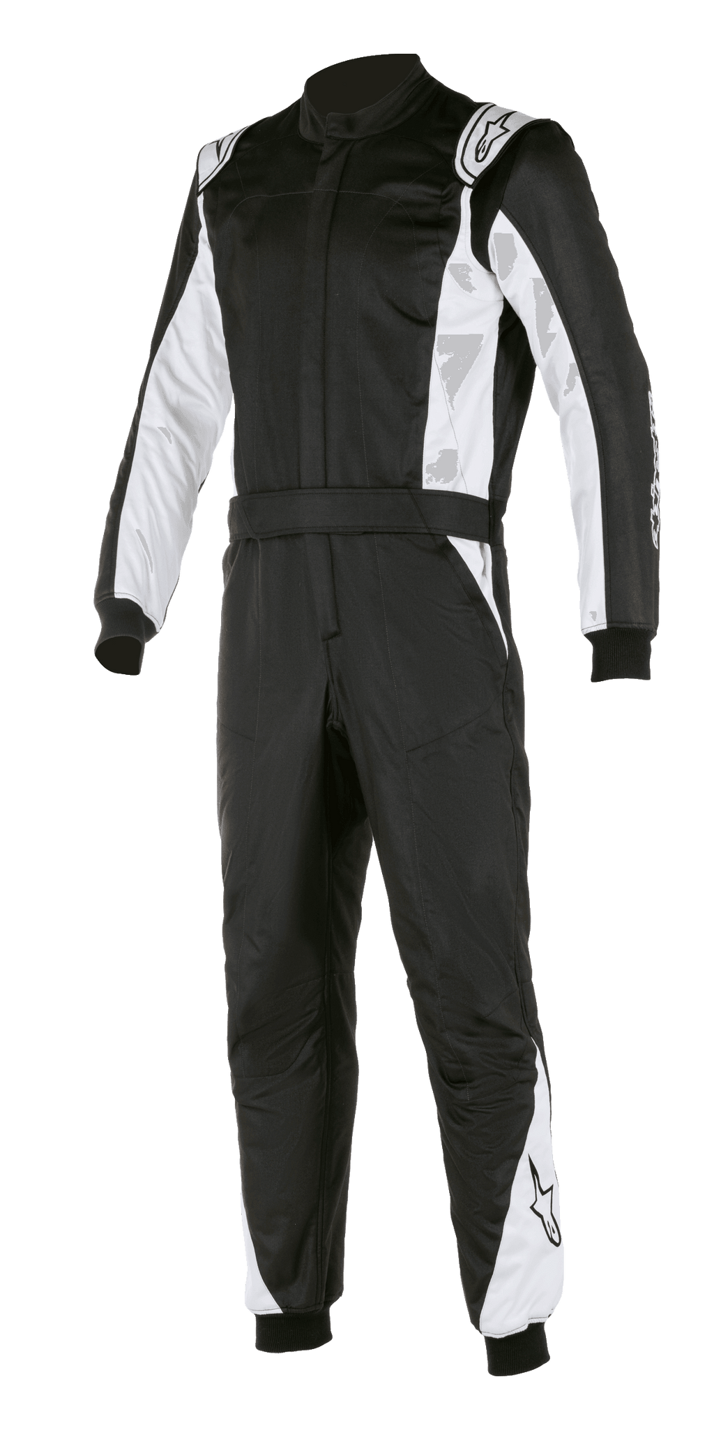 Combinaison Alpinestars Atom FIA, combinaison de course automobile, noir et argent, avec panneaux blancs sur les manches et les jambes, épaulettes, ceinture à la taille et poignets côtelés, design professionnel certifié FIA