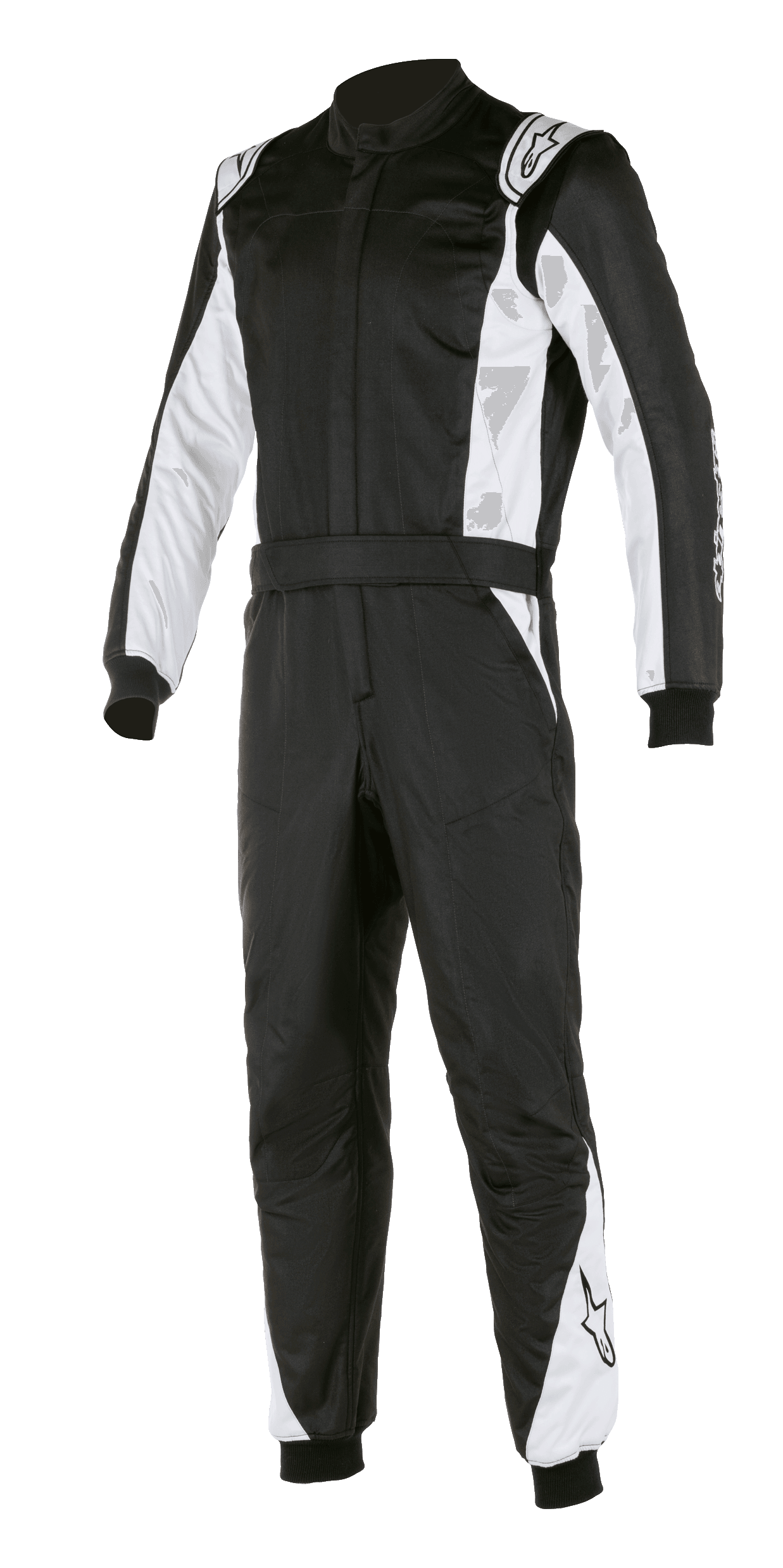 Alpinestars Atom FIA Suit, Auto Racing Suit, Black and Silver, featuring white panels on the sleeves and legs, shoulder epaulettes, waist belt, and ribbed cuffs, professional FIA-certified motorsport design