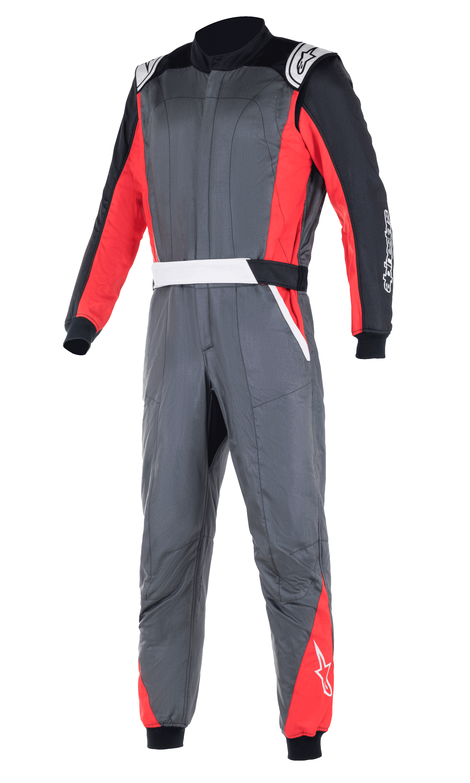 Alpinestars Atom FIA Suit, combinaison de course automobile professionnelle, gris anthracite avec panneaux rouges et noirs, avec épaulettes blanches et logos, construction à deux couches pour la protection contre la chaleur et les flammes